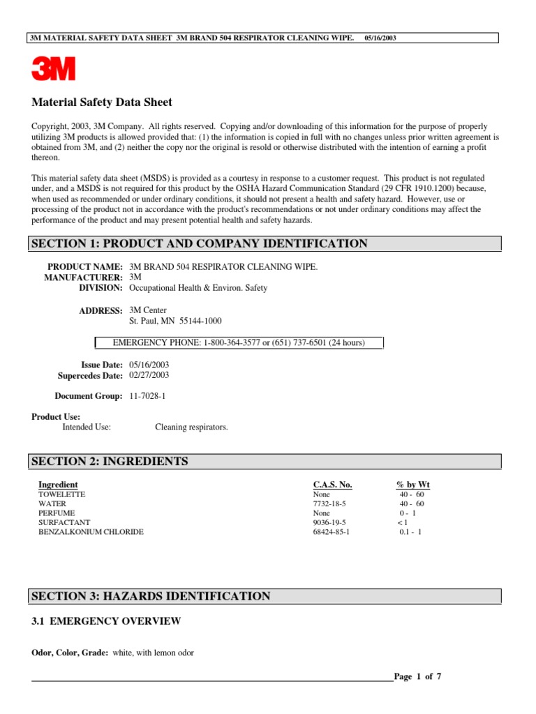 Paños de Limpieza 3M 504 (Respirator Cleaning Wipe) MSDS PDF