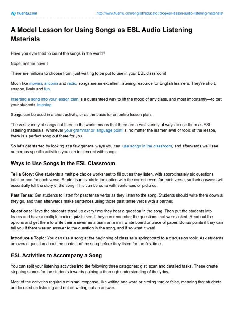 A Model Lesson For Using Songs As Esl Audio Listening Materials 
