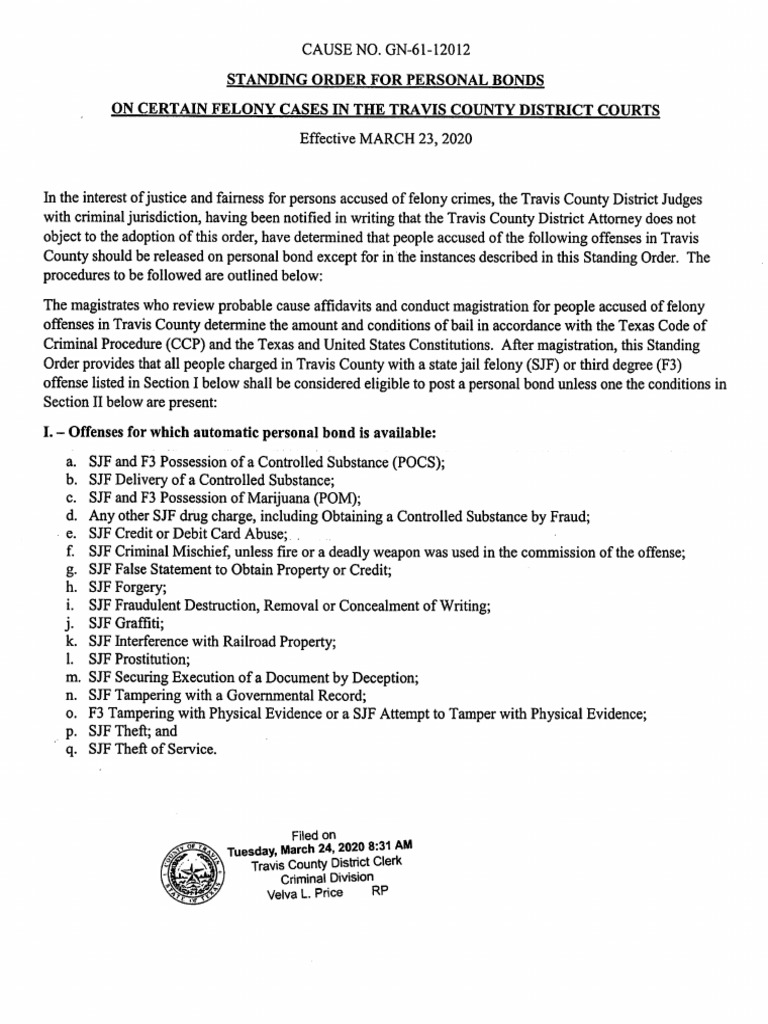 Travis County Standing Order for Personal Bonds Felony