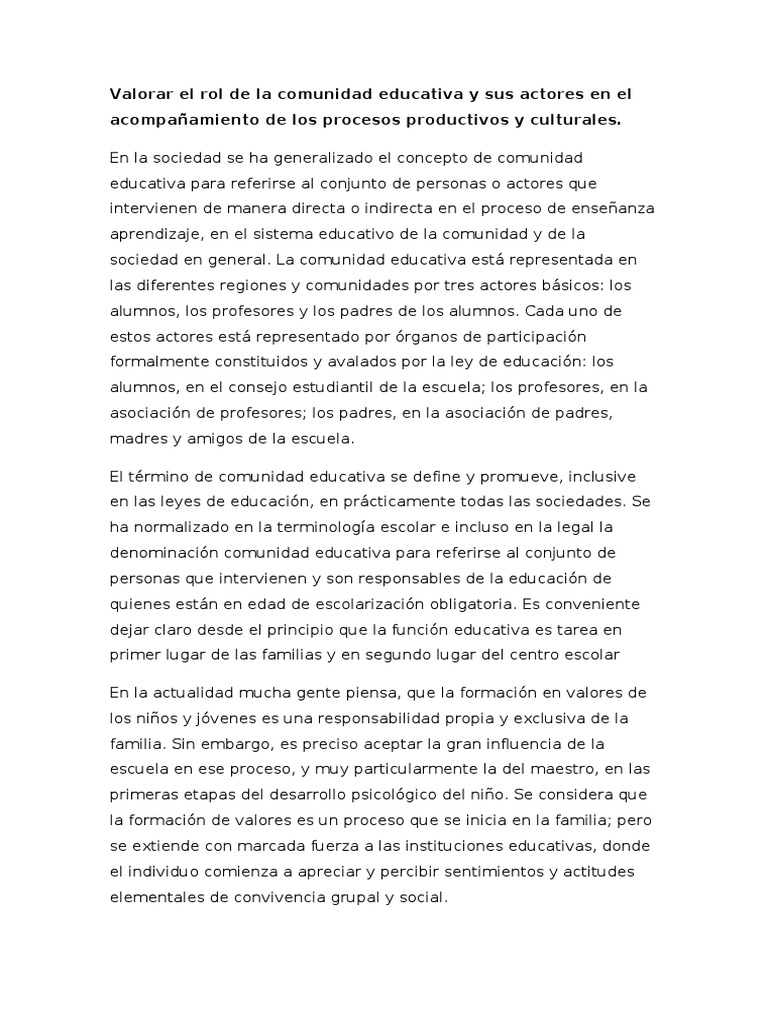 Rol de la Comunidad Educativa en Valores | PDF | Familia | Aprendizaje