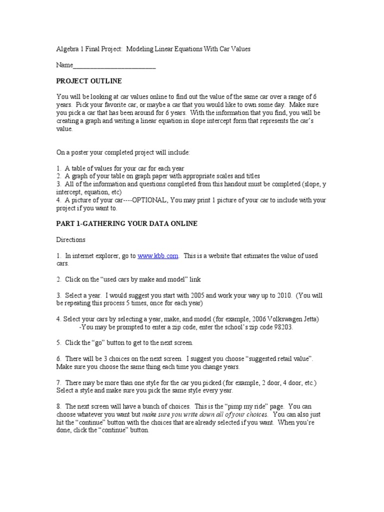 Car Value Linear Equation Project | PDF | Slope | Teaching Mathematics