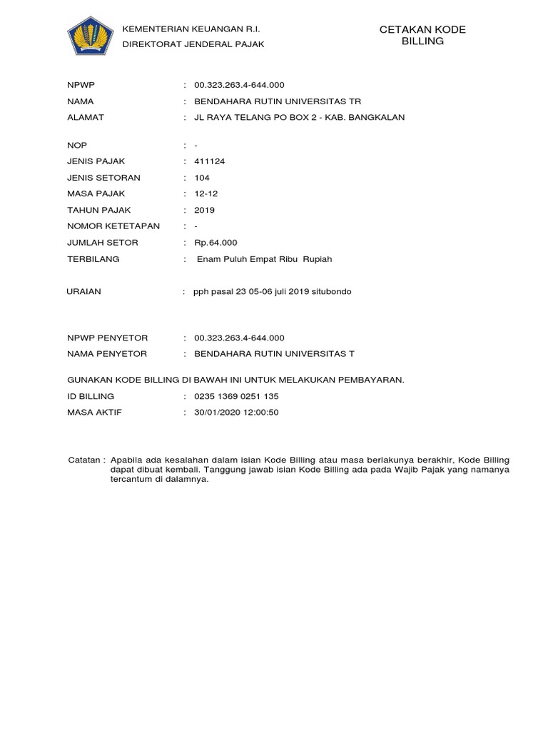 Contoh Kode Billing Pajak 2019 | PDF