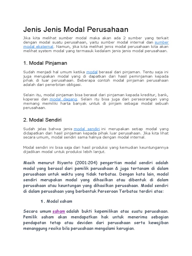 Jenis Jenis Modal Perusahaan | PDF | Pengelolaan Keuangan & Uang