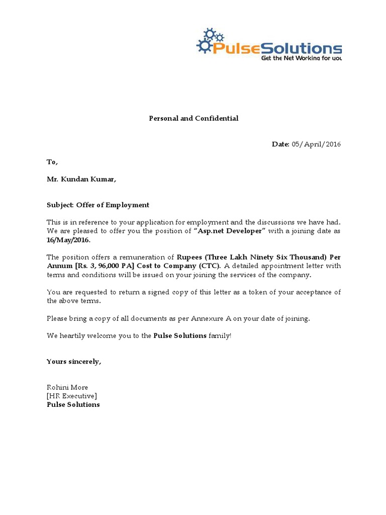 Asp.net Developer Job Offer Letter | PDF | Government Finances | Government