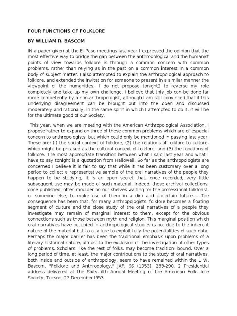 Bascom's Four Functions of Folklore | PDF | Folklore | Anthropology