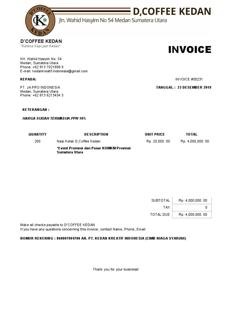 Invoice D'Coffee Kedan untuk PT. JA Pro | PDF