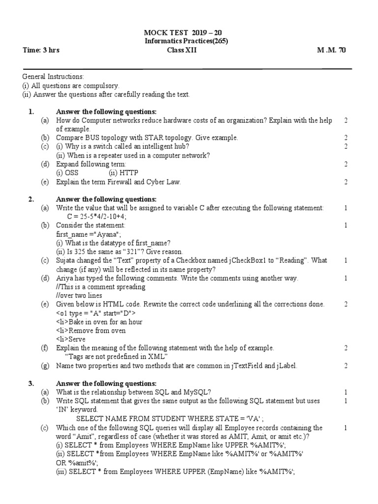 Preboard IP (265) MOCK TEST Paper 2 | PDF | Table (Database) | Databases
