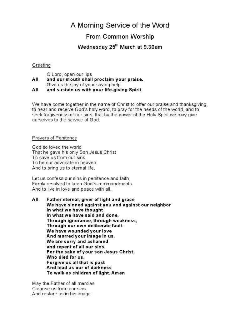 Morning Service of the Word: March 25 | PDF | Lord's Prayer | God The ...