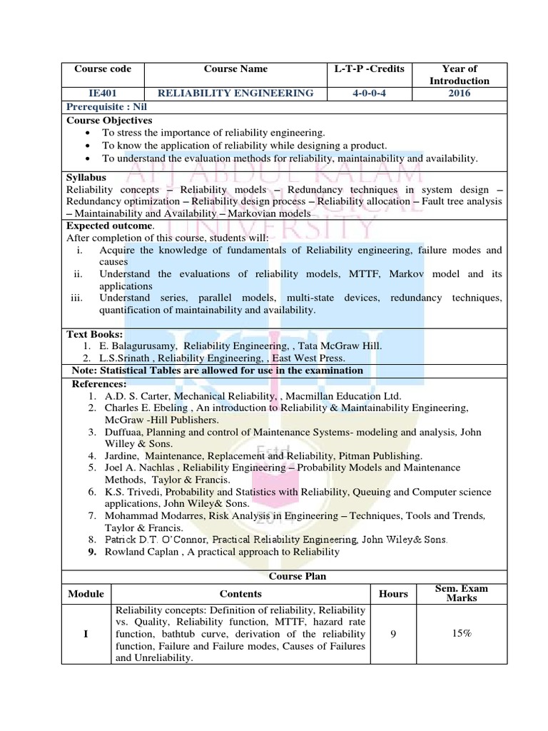 Reliability Engineering Course Syllabus | PDF | Reliability Engineering ...