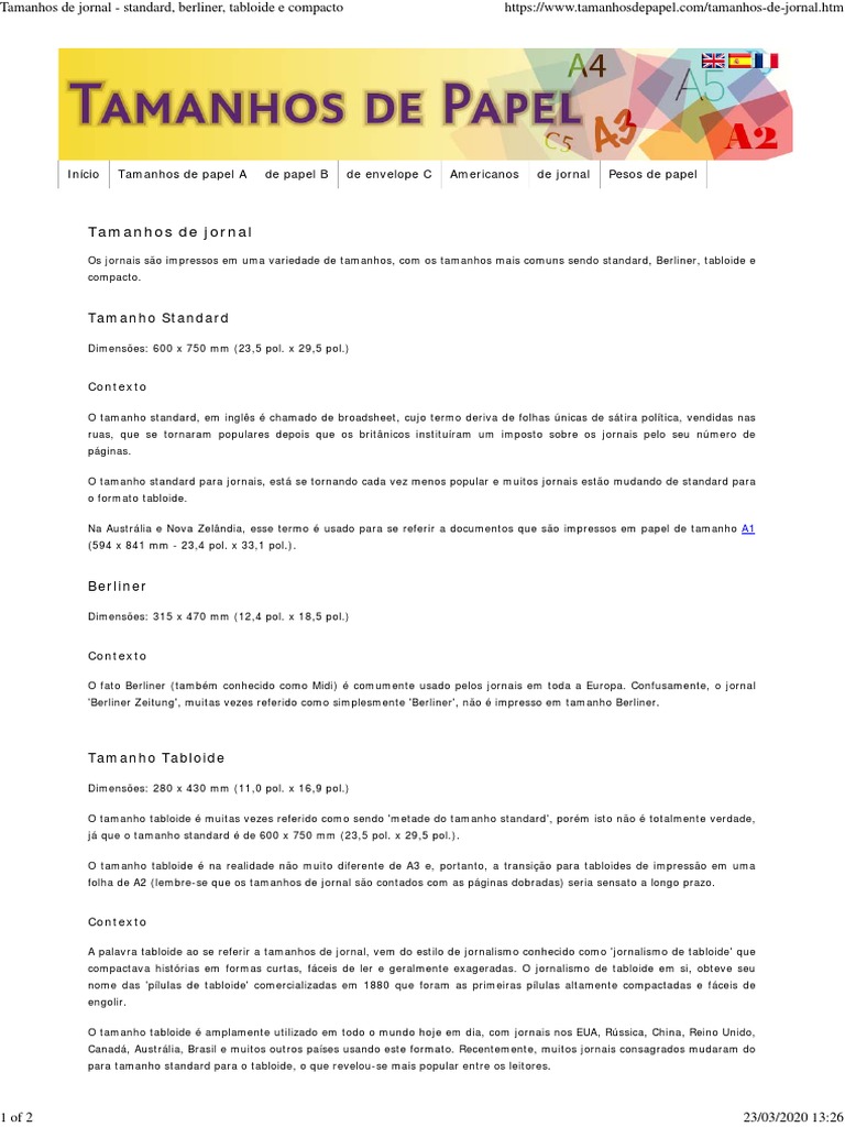 Tamanhos de Jornal - Standard, Berliner, Tabloide e Compacto PDF | PDF ...