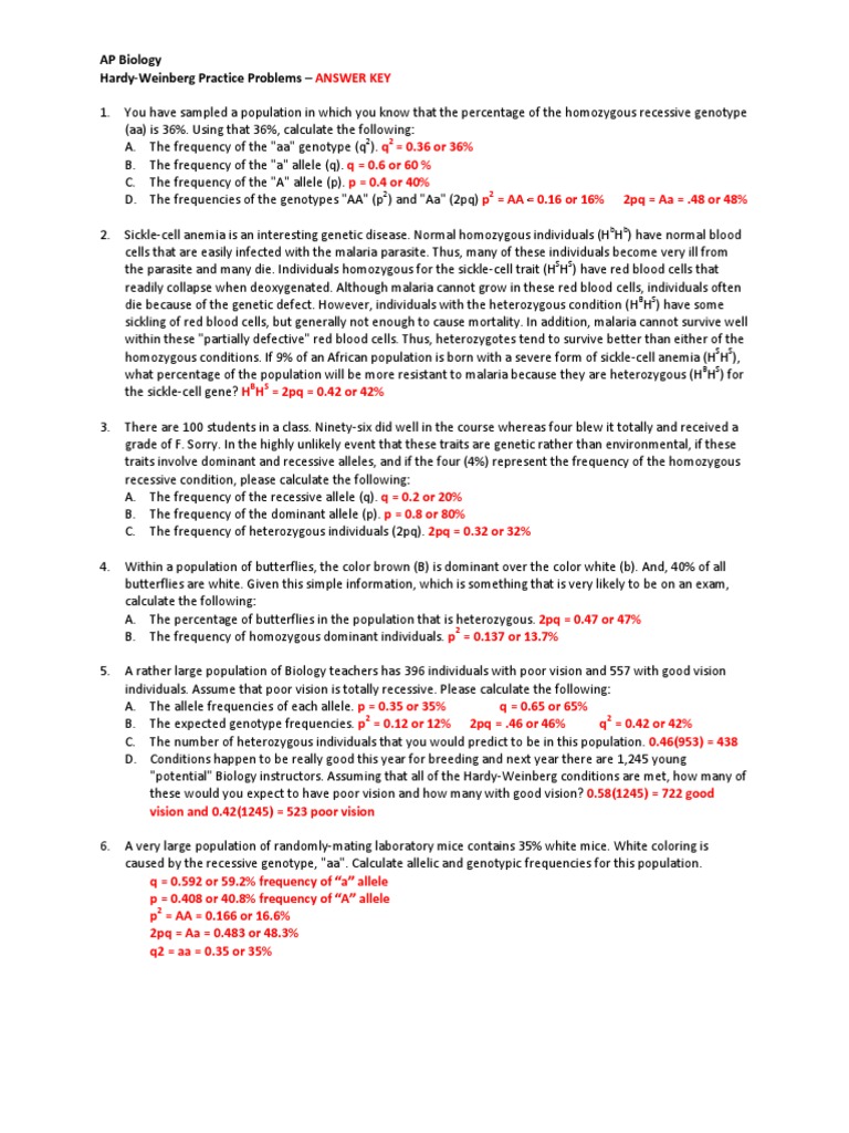 Hardy-Weinberg Practice Problems 2017 ANSWER KEY PDF | PDF | Zygosity |  Dominance (Genetics)