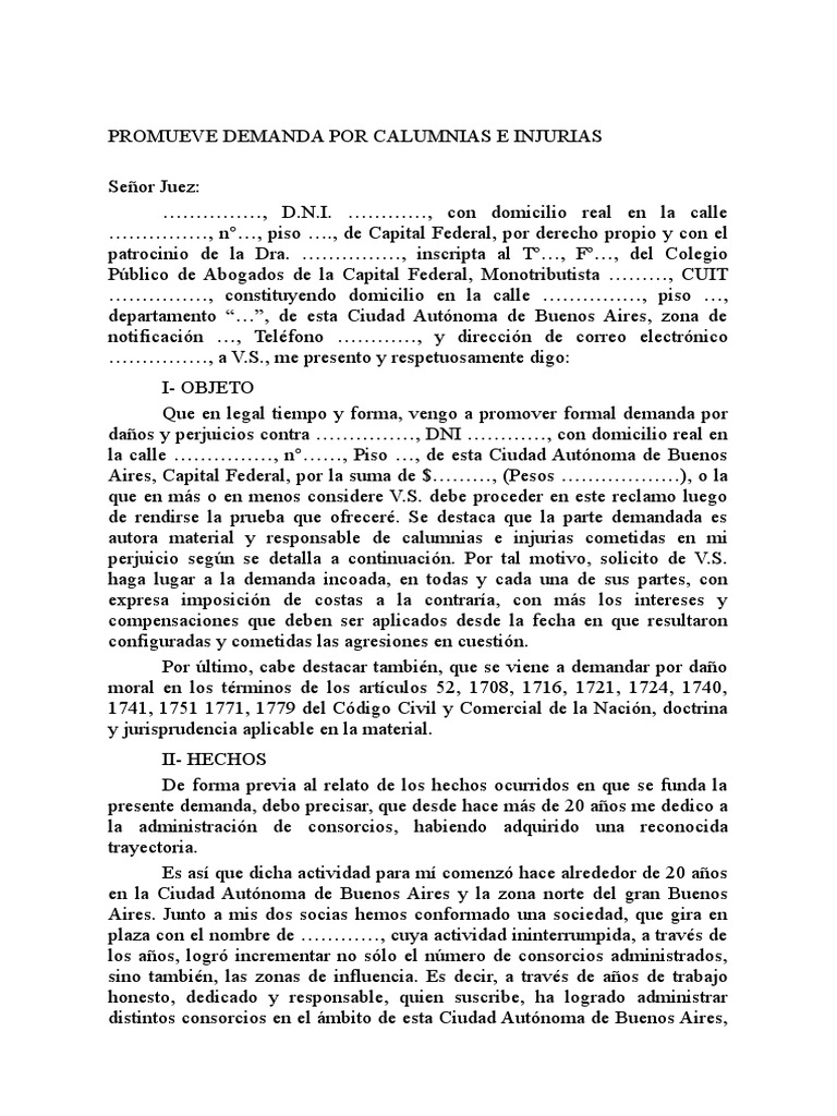 33 Danos Y Perjuicios Calumnas E Injurias Modelos Civil Patrimonial Pdf Demanda Judicial Buenos Aires