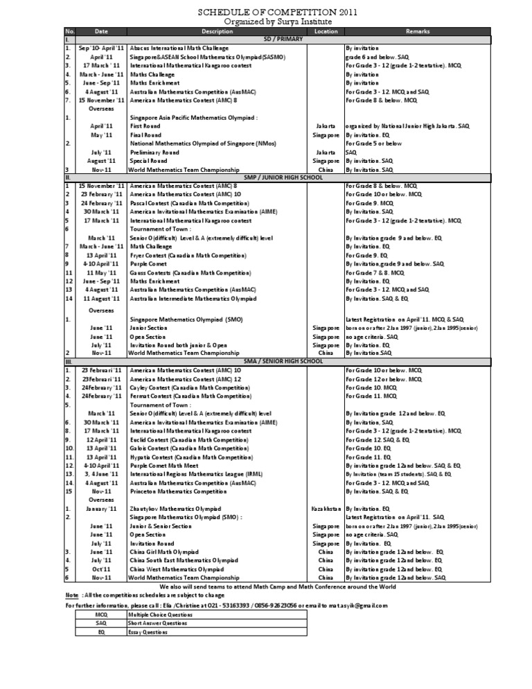 2011 Math Competition Schedule | PDF | Competition | Teaching Mathematics