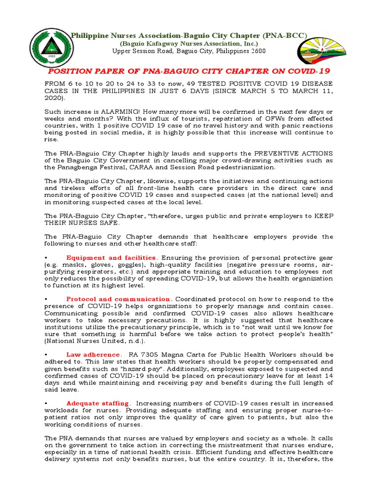 PNA-Baguio's COVID-19 Position Paper | PDF | Nursing | Health Professional
