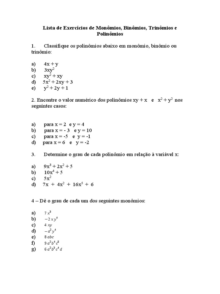 Exercícios de Monômios e Polinômios | PDF