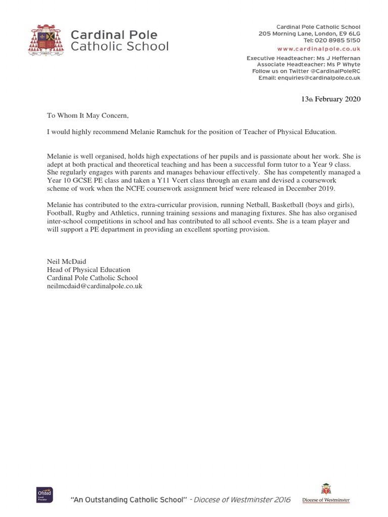 Recommendation for PE Teacher Melanie Ramchuk | PDF