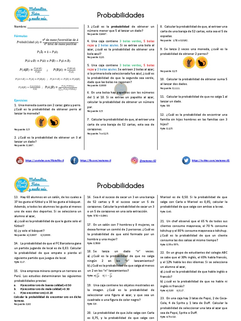Probabilidades Ejercicios Propuestos PDF | PDF | Probabilidad | Deportes