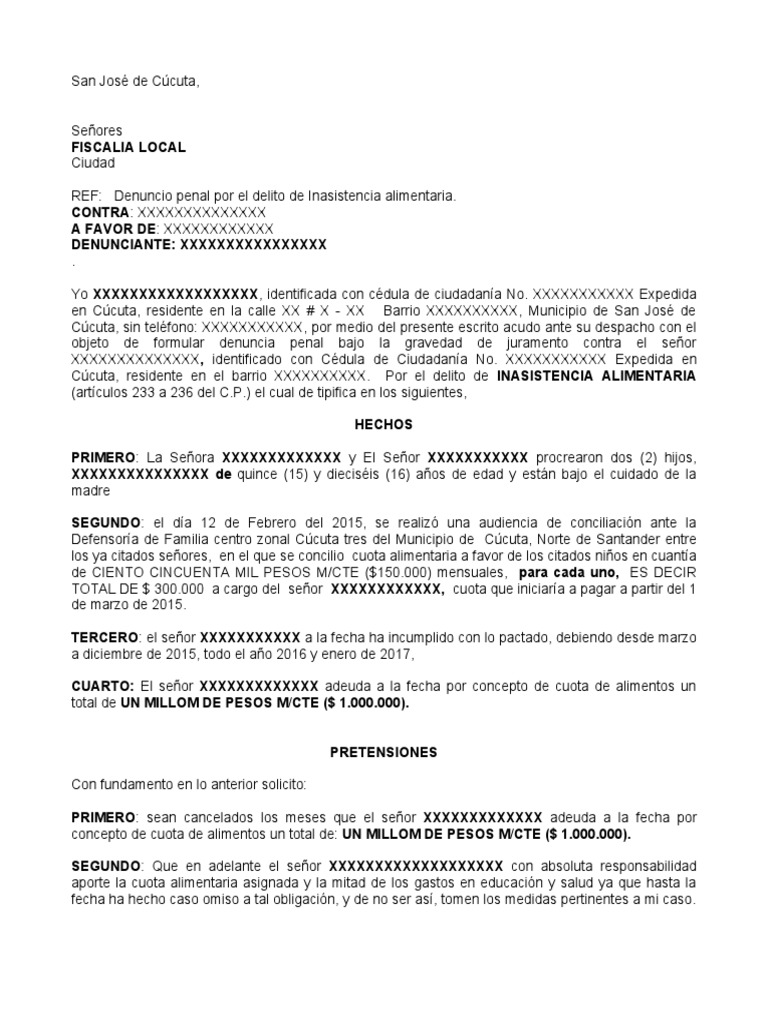 Modelo Denuncia Penal Por Inasistencia Alimentaria | PDF