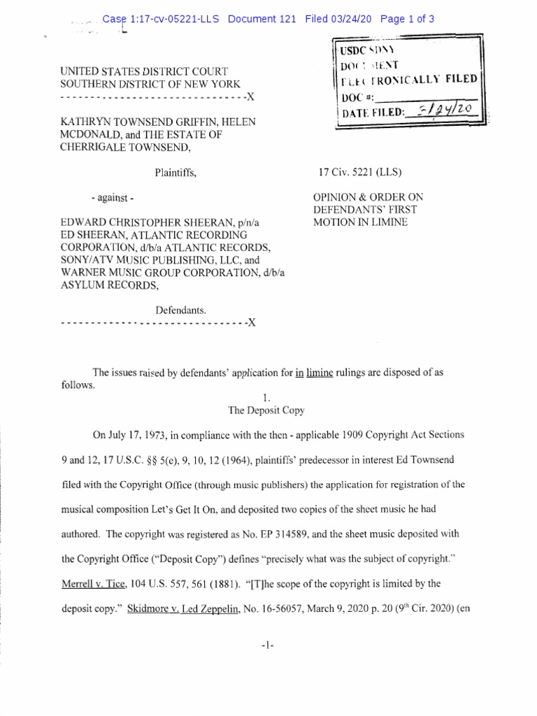 Griffin V Sheeran Order | PDF | Copyright Law Of The United