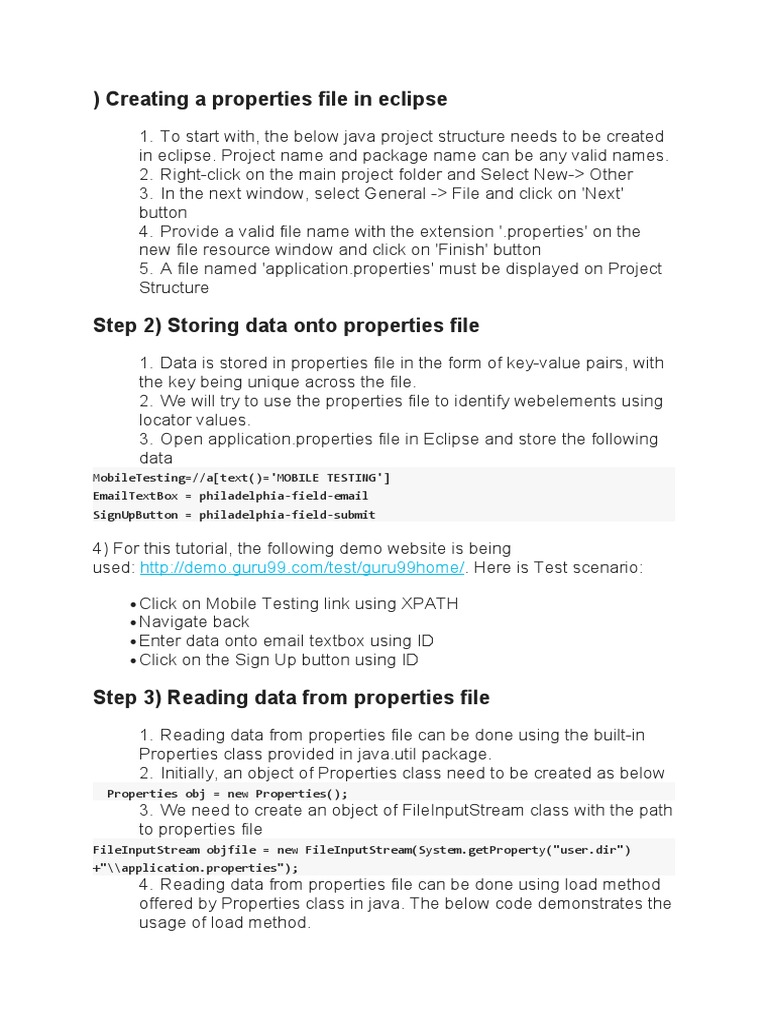 Creating A Properties File in Eclipse PDF Xml Document Object Model