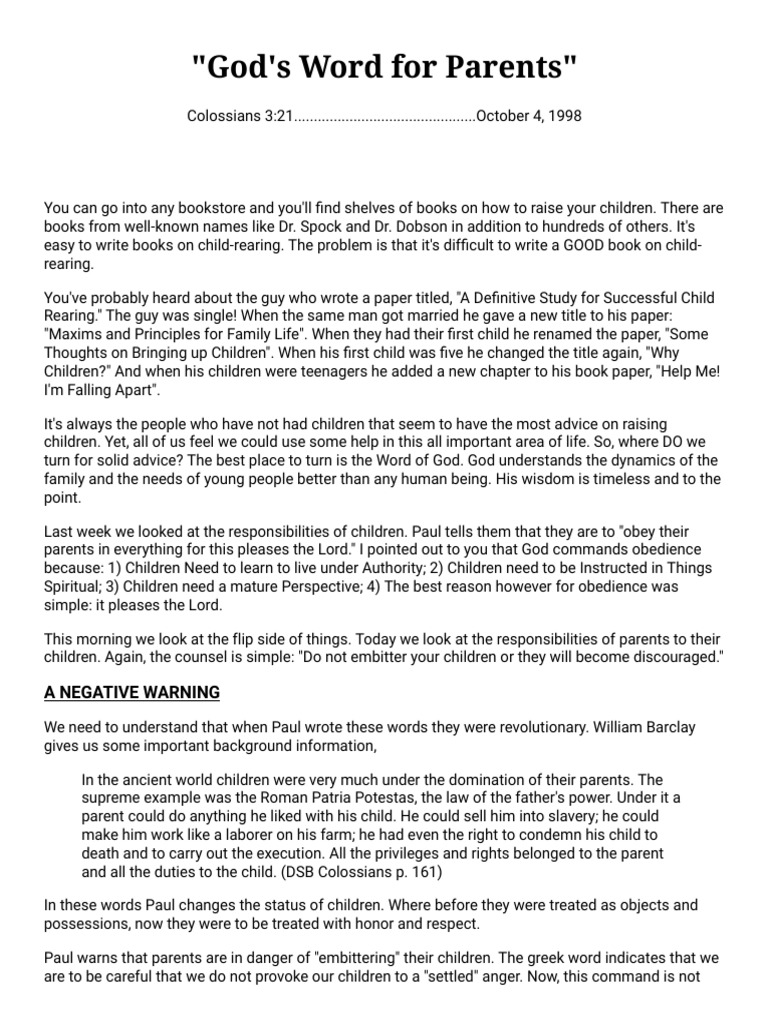 God's Word To Parents - Colossians 3:21 | Pdf | Jesus | Grace In  Christianity