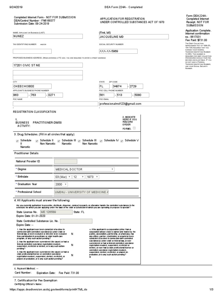 DEA Form 224A Completed PDF PDF Controlled Substances Act Drug