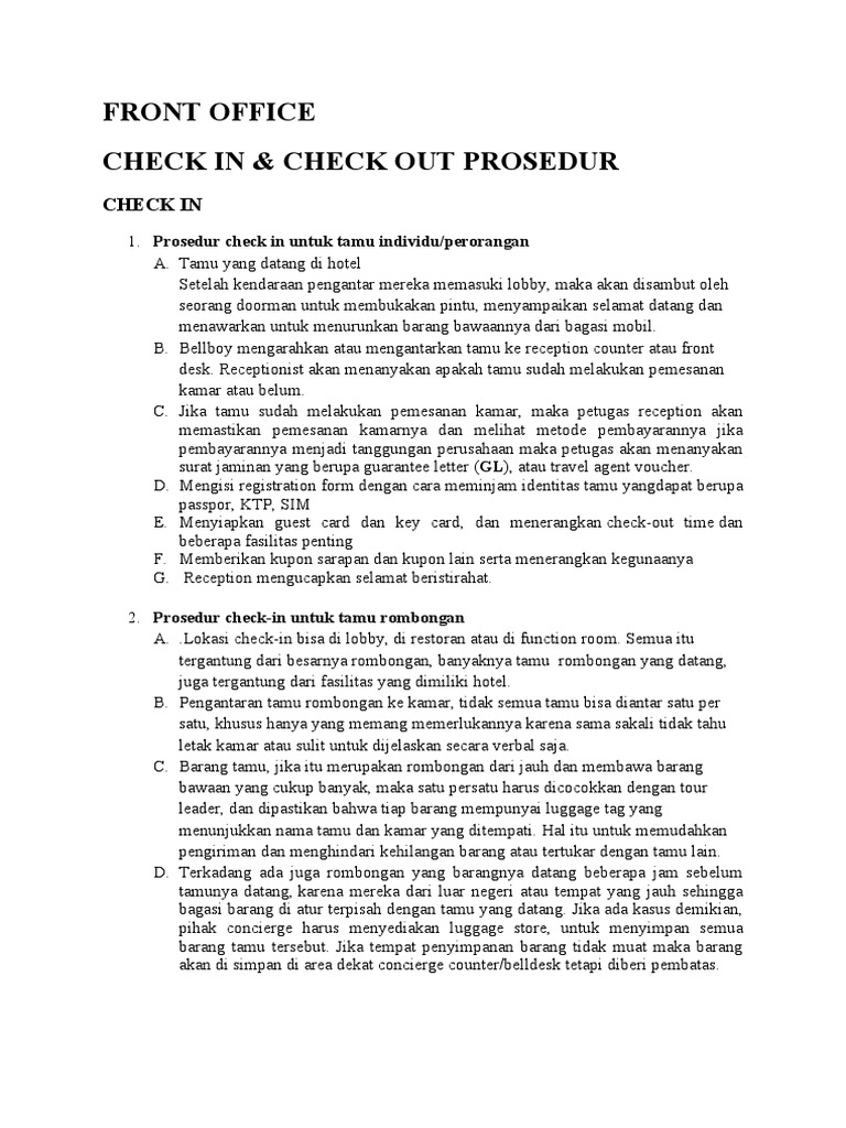 Prosedur front office check in dan check out di hotel pdf