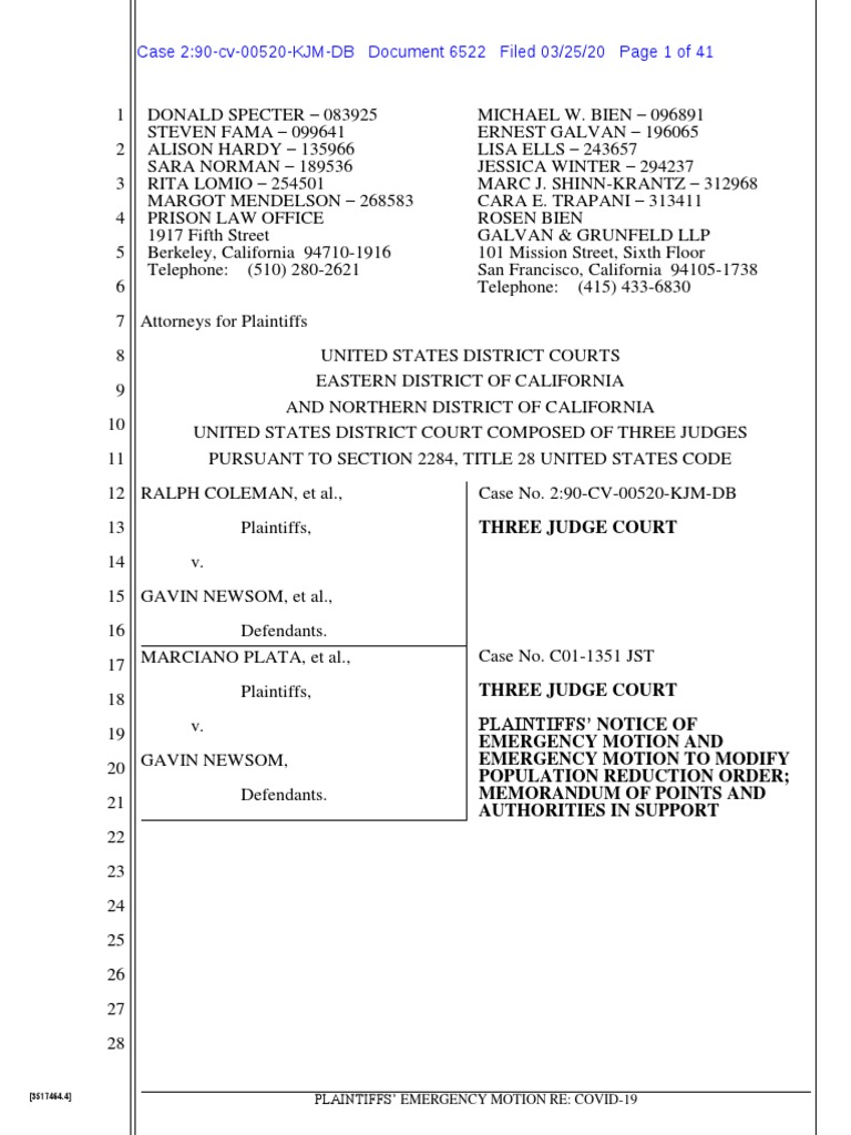 Coleman V Newsom Motion For Emergency Order PDF California