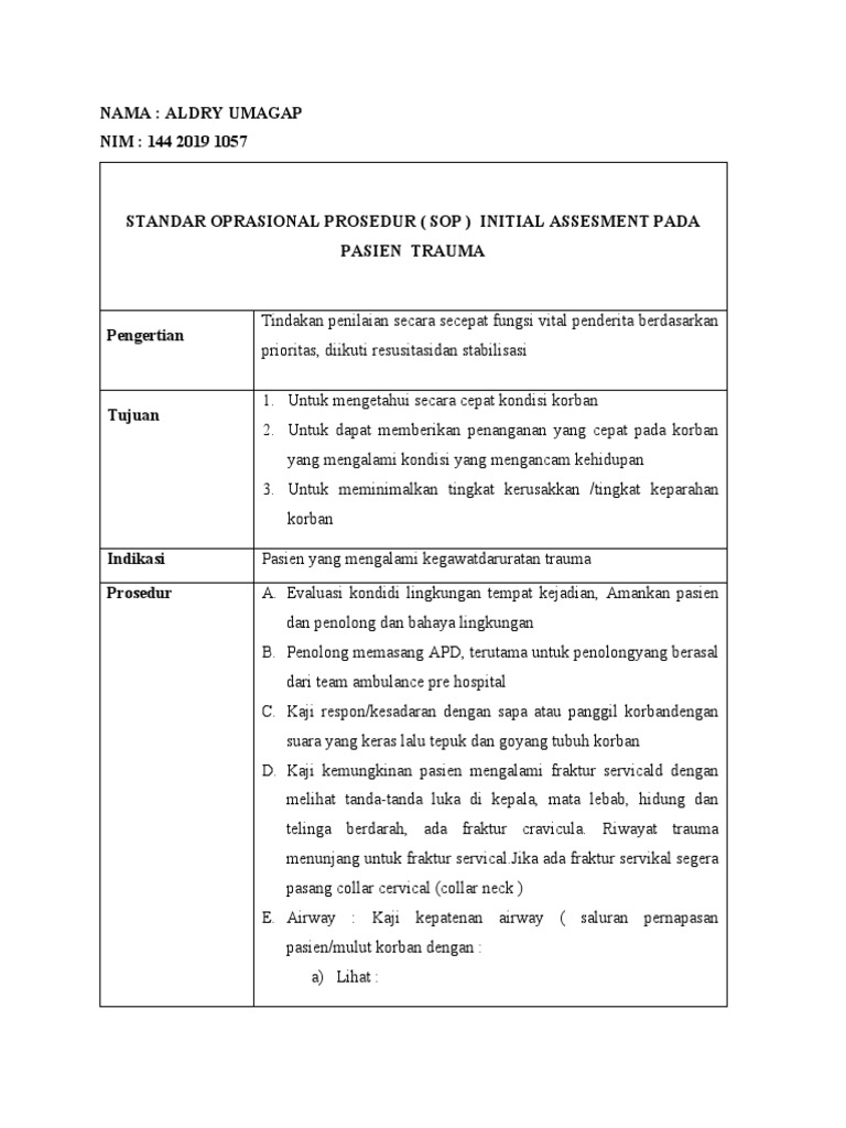 SOP Penilaian Awal Pasien Trauma | PDF