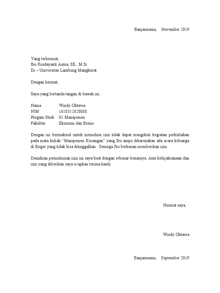 Surat Izin Tidak Hadir Kuliah | PDF