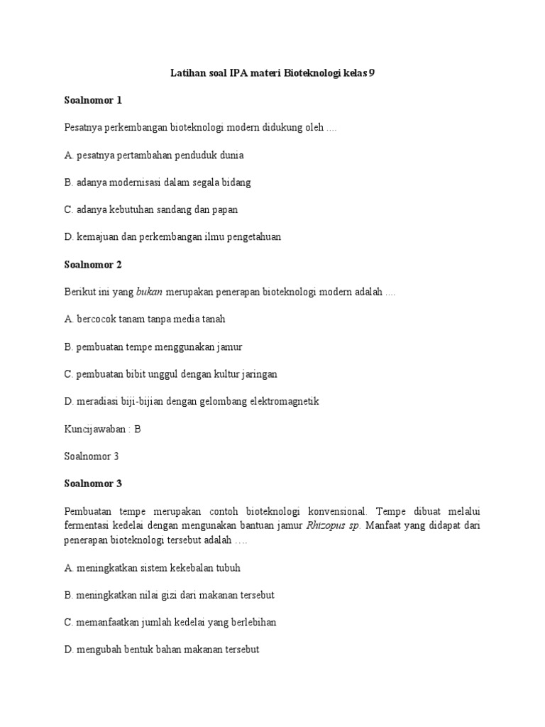Latihan Soal Ipa Materi Bioteknologi Kelas 9 Smp Mts K13 Docx