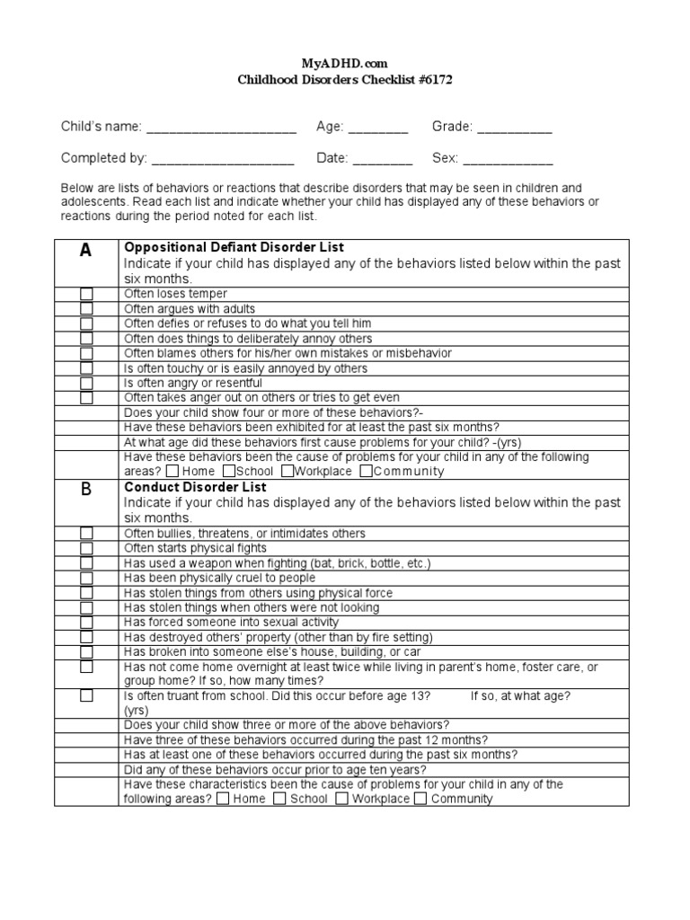 Childhood Disorders Checklist 6172 PDF