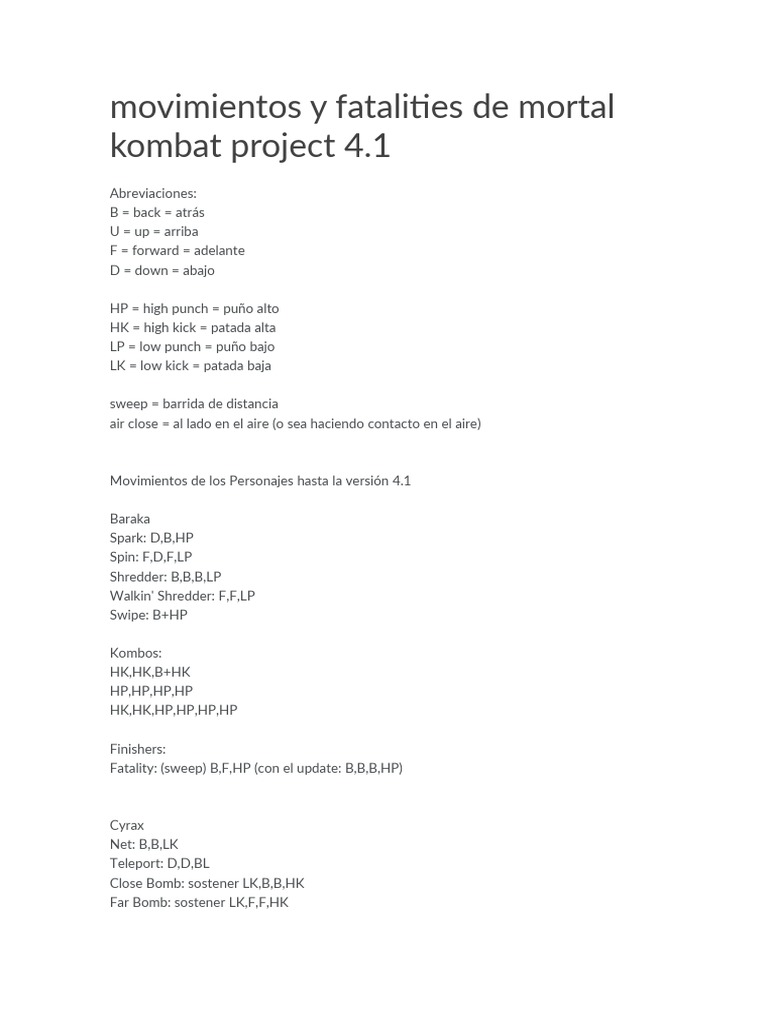 Movimientos y Fatalities de Mortal Kombat Project 4 | PDF | Franquicias  Warner Bros. | Franquicias de videojuegos