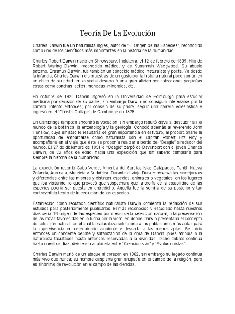 La Teoría de la Evolución de Darwin | PDF | Charles Darwin | Evolución