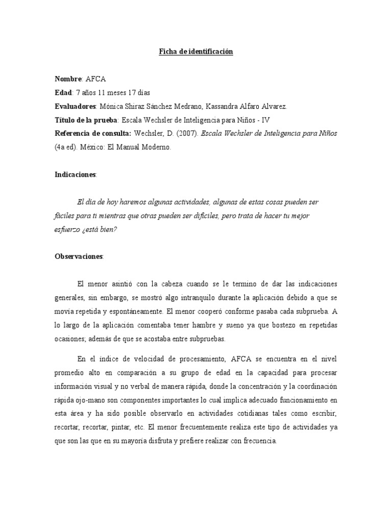 Evaluación WISC-IV de AFCA | PDF | Memoria | Escala de inteligencia ...