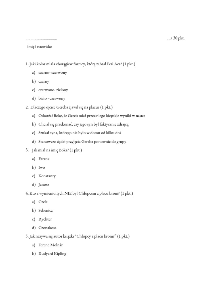 Test Lektury Chłopcy Z Placu Broni Margaret Wiegel