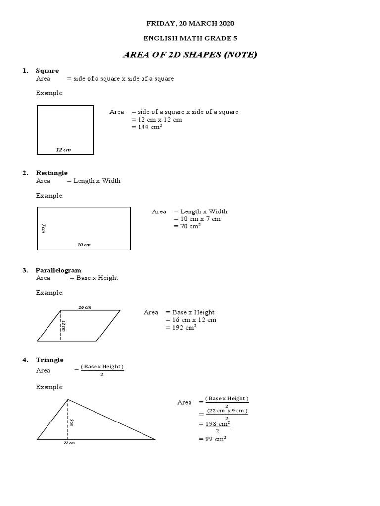 Area Calculations for 2D Shapes | PDF | Area | Elementary Geometry