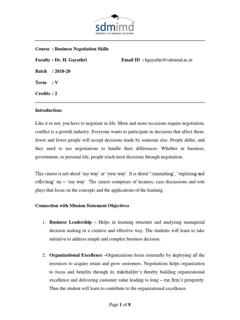 Business Negotiation Skills Course Overview | PDF | Negotiation ...