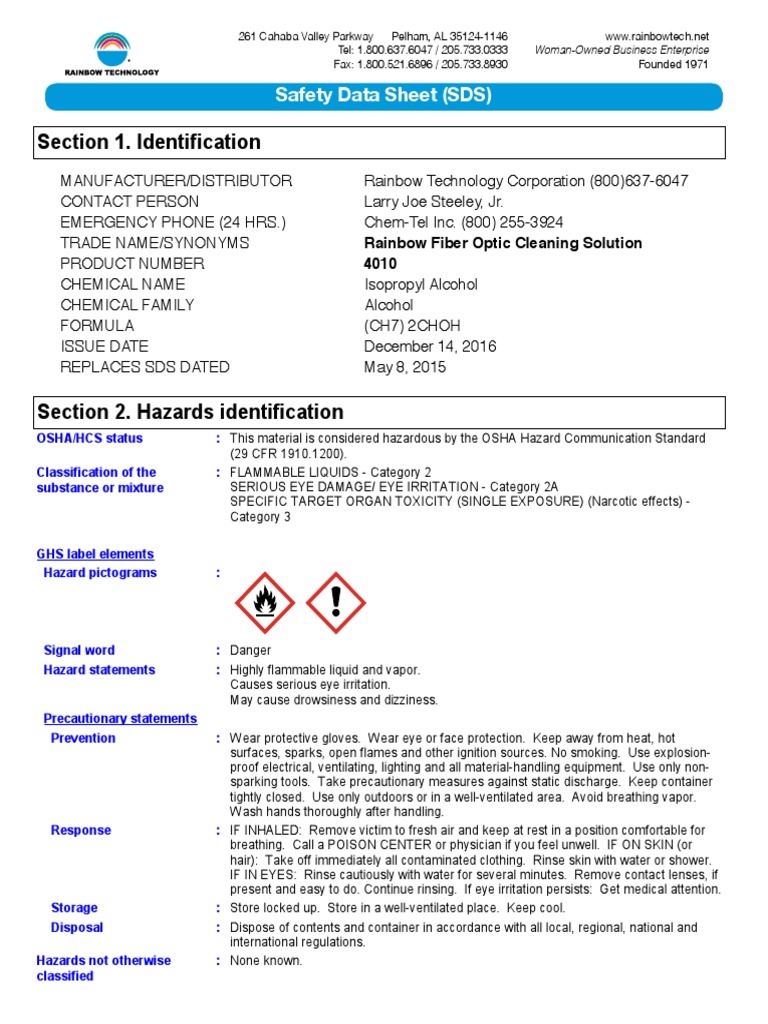 4010 Fiber Optic Cleaning Solution SDS PDF Firefighting Toxicity
