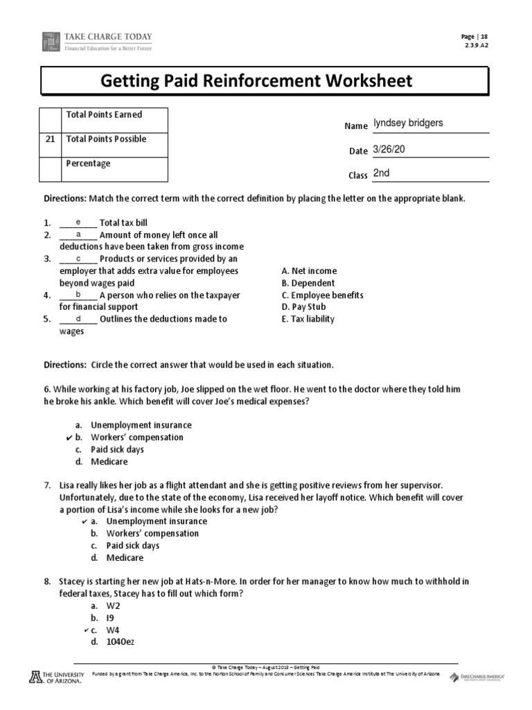 Getting Paid Reinforcement Worksheet 2 3 9 A2 Payroll Tax Taxation