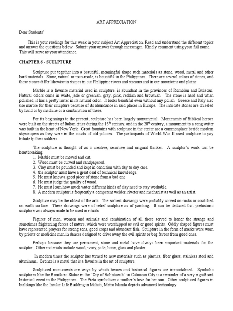 ART APPRECIATION Sculpture PDF Sculpture Perspective (Graphical)