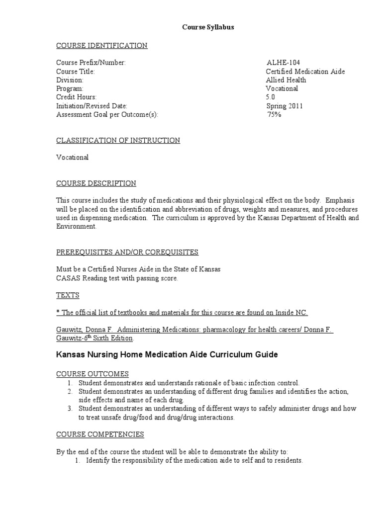 Course Syllabus Kansas Nursing Home Medication Aide Curriculum Guide