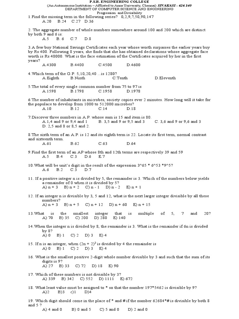 Progression and Divisbility Question | PDF | Numbers | Elementary ...