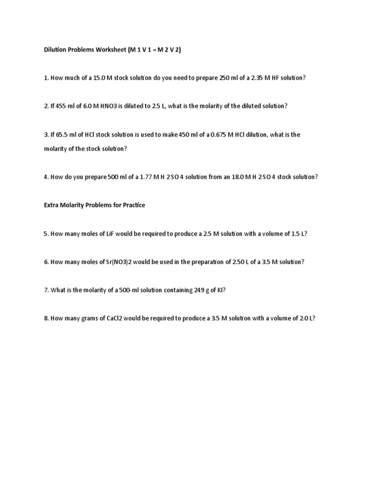 Dilution Problems Worksheet PDF
