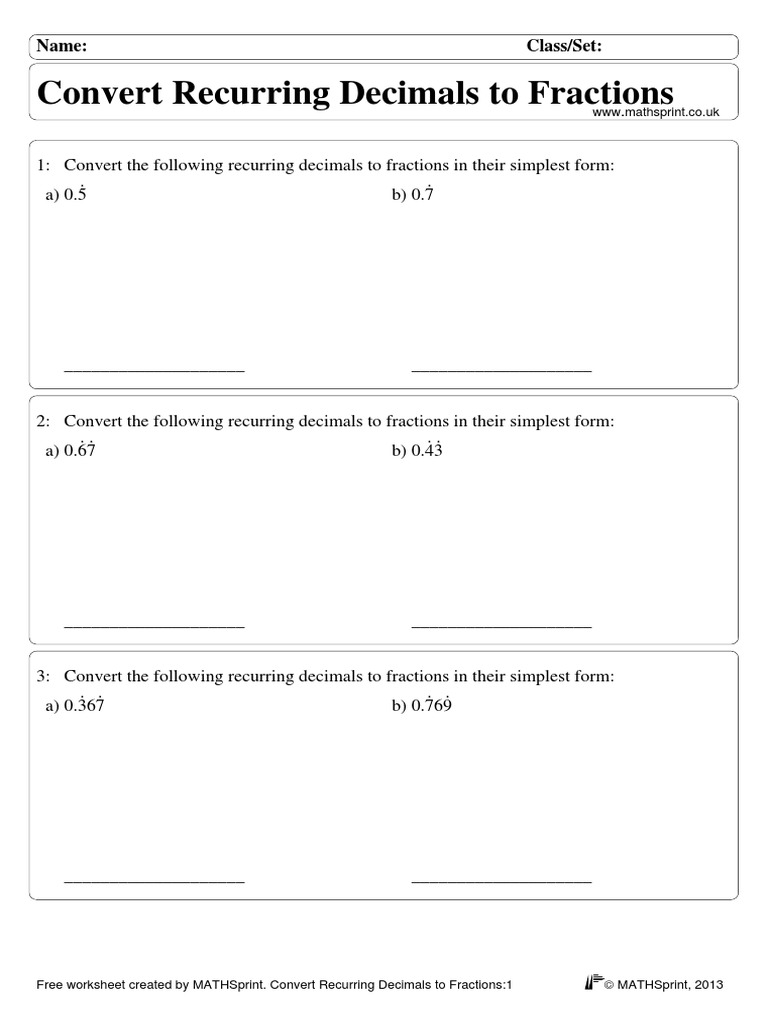 Recurring Decimals to Fractions Worksheet | PDF | Fraction (Mathematics ...