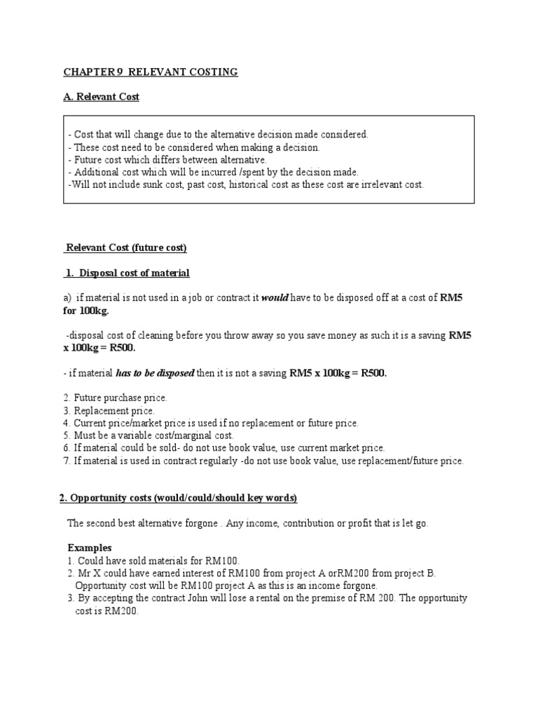 RELEVANT COSTING Notes | PDF | Cost | Opportunity Cost