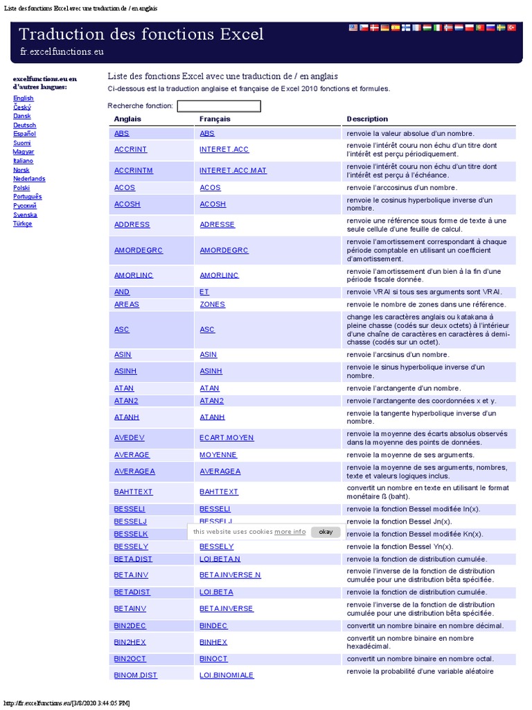 Liste Des Fonctions Excel Avec Une Traduction de en Anglais PDF Loi