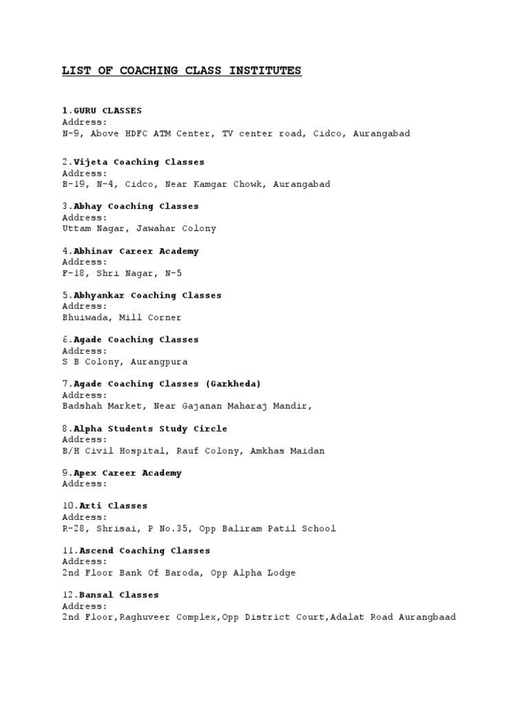 List of Coaching Class Institutes | PDF | Business