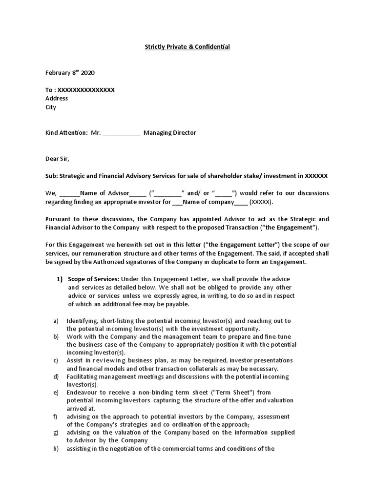 Sample Engagement Letter PDF Investor Due Diligence