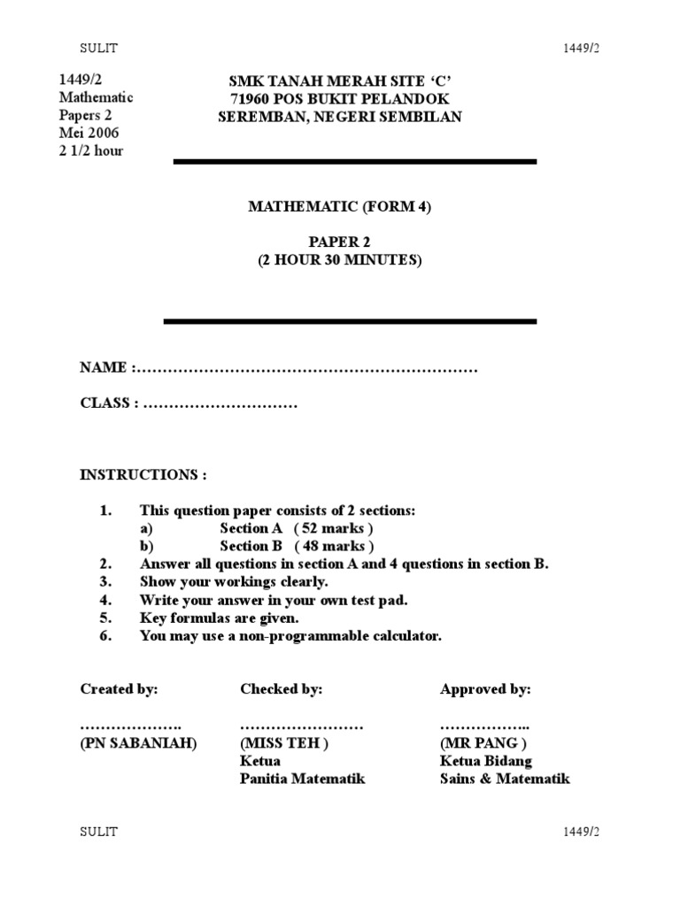 Kertas soalan matematik  Area  Geometry